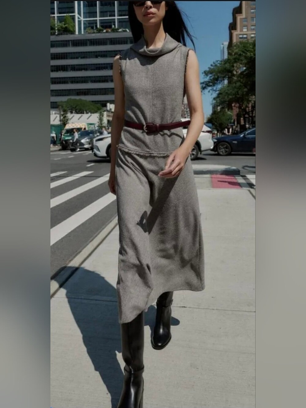 Zara Size S Textured Belted Midi Dress in a Grey Sand Color